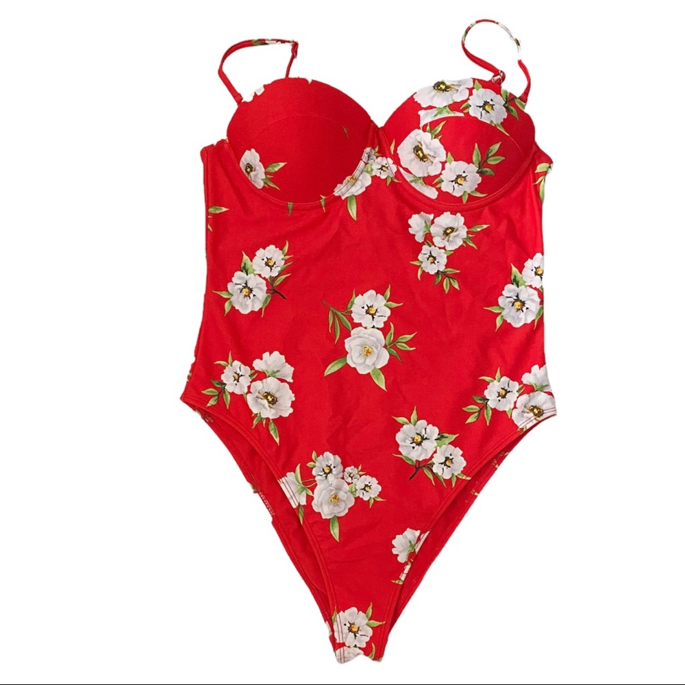 Forever 21 Red and White Floral Bustier One-Piece Swimsuit sz S Small